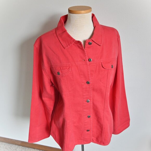 Chico's Y2K 90s Retro Biker Front Button Classic Fit Red Denim Jean Jacket Sz 3 - Picture 5 of 16